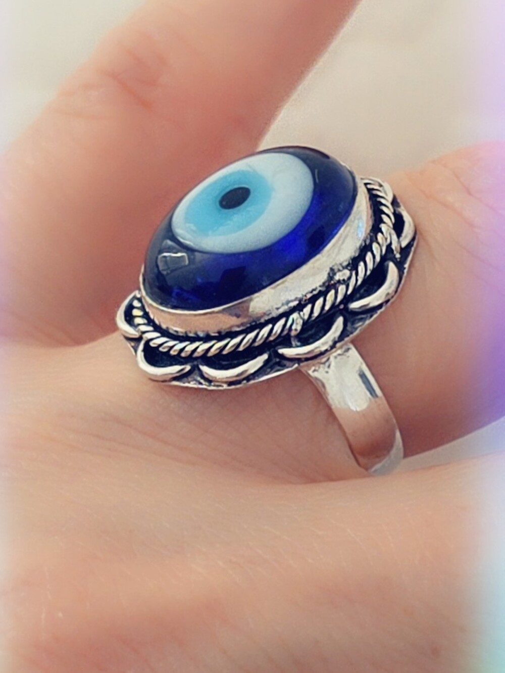 Evil Eye Gemstone Ring Overlay Sterling Silver Plated
